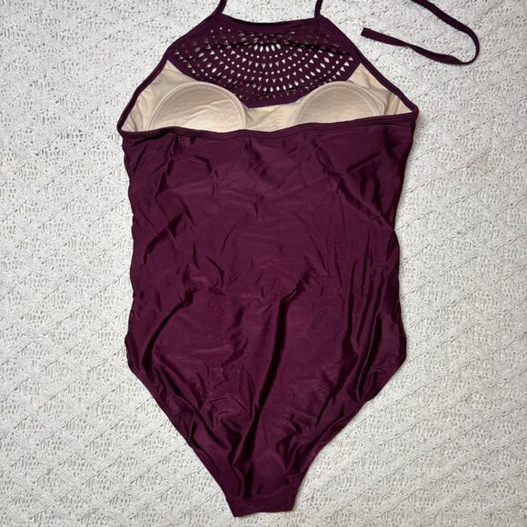 Merona Burgundy One-Piece Swimsuit with Laser Cut Halter – Women’s L - Picture 6 of 9